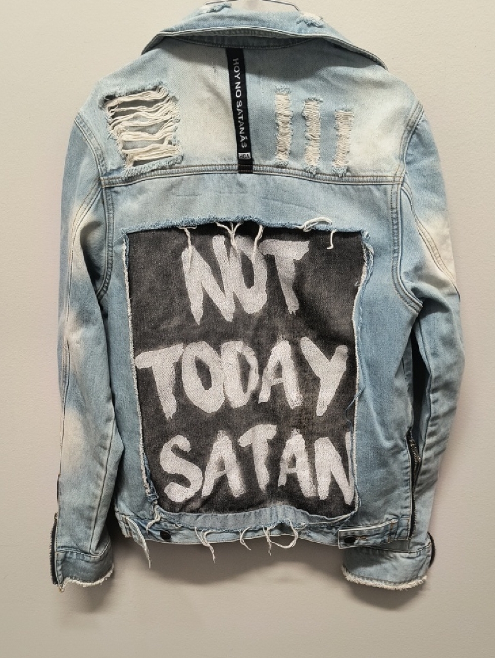 Distressed Light Blue Denim Jacket with 'Not Today Satan' Back Patch